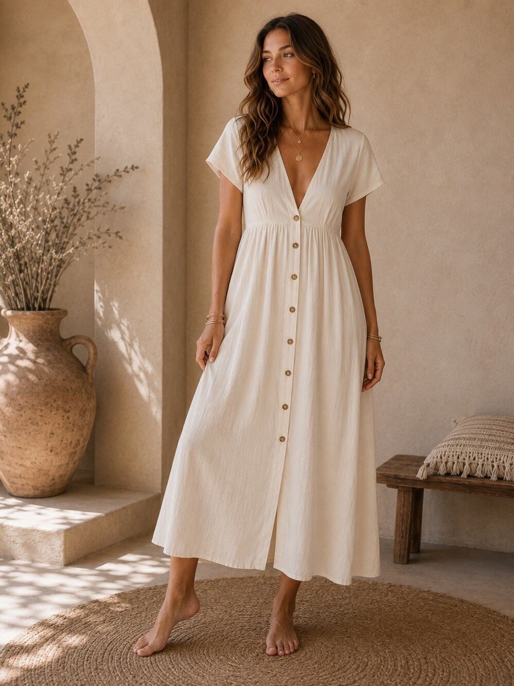 Free People Ivory Cotton Button Front Maxi Dress Cottagecore Boho Breezy S